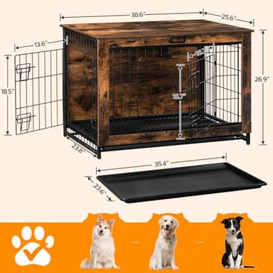 HOOBRO Dog Crate Furniture, 38.6" Large Dog Kennel Indoor, Wooden Cage with Pull-Out Tray, Double Doors Pet House Side End Table for Large/Medium/Small Dogs, Rustic Brown BF982GW03G1 - Image 5