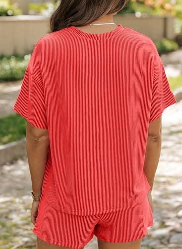 SHEWIN Lounge Sets for Women Crewneck Short Sleeve Shirts and Shorts Casual Lounge wear Matching Set Two Piece Sets for Women Summer 2025, Orange, M - Image 2