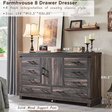 T4TREAM Farmhouse 8 Drawers Dresser for Bedroom, 54" Wide Wood Chest of Drawers w/Storage Cabient & Adjustable Shelf, Rustic Dressers Organizer for Living Room, Hallway, Dark Rustic Oak - Image 5