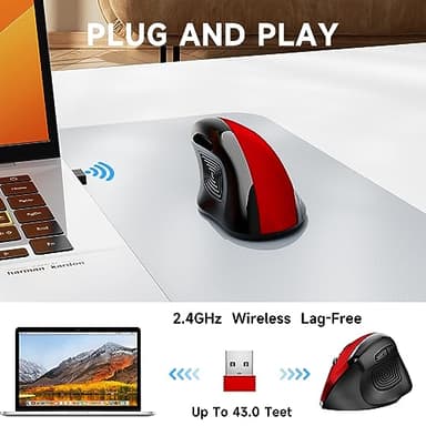 memzuoix Ergonomic Wireless Mouse, 2.4G Optical Cordless, 800/1200/1600 DPI, Vertical Computer Mouse for Laptop, Mac, PC, Desktop (Right Hand, Large) - Red - Image 4