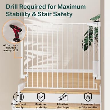 Cumbor 34" Extra Tall No Bottom Bar Baby Gate for Stairs, Wall Mounted Dog Gate Indoor for Larger Pets, Expandable 29.2-43" Safety Gate for Doorways, Wide Walk Thru Door for Easy Access (White - Image 5