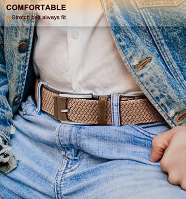 BULLIANT Belt for Men 2Pack,Mens Gift Stretch Braided Web Belt Elastic for Casual Golf Jeans,1 3/8"(Black/Beige,30"-34" Waist Adjustable) - Image 3