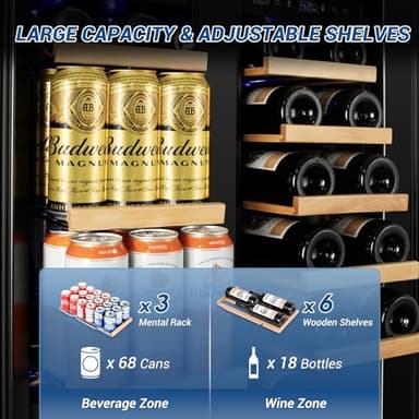 Wine and Beverage Refrigerator Black, 24 Inch Beverage Cooler Under Counter Dual Zone with Glass Door&Lock, 18 Bottles and 68 Cans Large Capacity for Beer Soda Drink, Built-In or Freestanding Fridge - Image 4