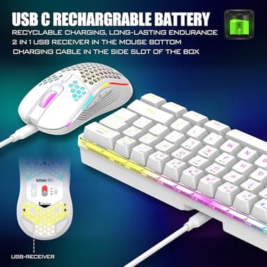 RedThunder 60% Wireless Gaming Keyboard and Mouse Combo, 2500mAh Rechargeable Battery, Ultra-Compact Small RGB Mechanical Feel Keyboard, Lightweight Honeycomb Optical Mouse for Gaming/Business, White - Image 3