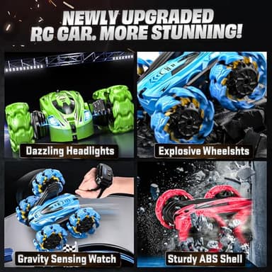 BEZGAR Remote Control Car - Gesture Sensing Explosive Wheel RC Car with Double Sided 360° Rotate, 4WD with Headlights, Rechargeable Batteries, Xmas Gifts for Boys (Blue) - Image 2