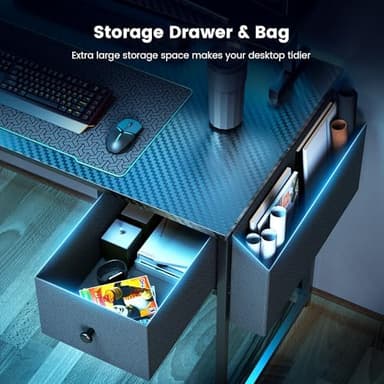 Gaming Desk, 47 inch L Shaped Gaming Desk, Computer Desk with LED Lights & Adjustable Stand, Power Outlets, Storage Drawer, Reversible with Shelves, Hook, Black Carbon Fiber - Image 7