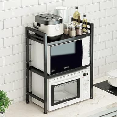 DOLALIKE Microwave Oven Rack, Expandable Microwave Stand Countertop Kitchen Utensils Tableware Storage, Carbon Steel Over Microwave Shelf Countertop with 3 Hooks - Image 7