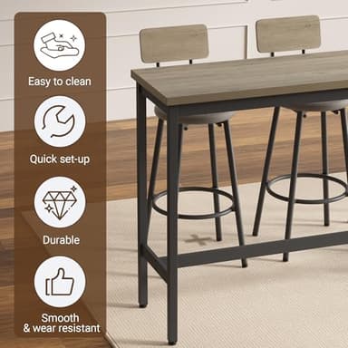 Elevon 63 in Long Bar Table Set with 3 PU Upholstered Bar Stools, Dining Table and Chair Sets, Industrial Tall Coffee Table and Back Chair for Kitchen, Living Room, Party Room, Small Space, Pub, Gray - Image 6