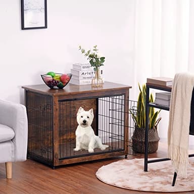 DWANTON Dog Crate Furniture with Cushion, Wooden Kennel Table with Double Doors, Indoor Dog House, Small/Medium/Large/Extra Large Size, 27.2" L, Rustic Brown - Image 2