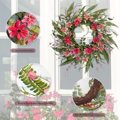 24" Artificial Spring Wreaths for Front Door, Handmade Pink Daisy Flower, Summer Large Wreath for Festival Wall Window Porch Patio Garden Farmhouse Decor - Image 4