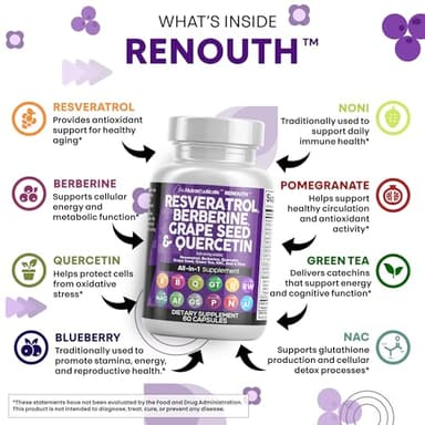 Clean Resveratrol Supplement | Berberine Grape Seed Extract Quercetin Green Tea Extract Acai Noni Polyphenol Supplement for Women & Men Anti Aging N-Acetyl Cysteine NAD Booster - Image 3