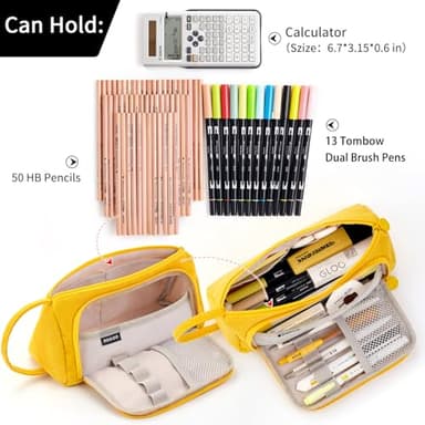 EASTHILL Big Capacity Pencil Case Canvas High Large Storage Pouch Marker Pen Case Simple Stationery Bag School College Office Organizer for Teens Girls Adults Student-Yellow - Image 2