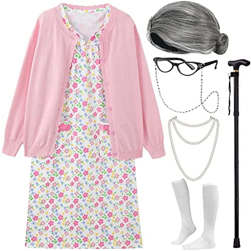 EBYTOP Old Lady Costume for Kids Halloween 100th Day of School Girls Dress up Granny Wig Grandma 100 Days Glasses Cane,1-PK 4-6 Years - Image 1