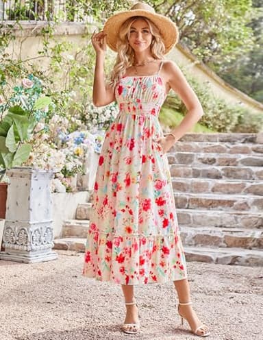 GRACE KARIN Women's 2025 Summer Casual Boho Sundress Flower Spaghetti Strap Square Neck Flowy Maxi Dresses with Pockets Red White Floral XXL - Image 3