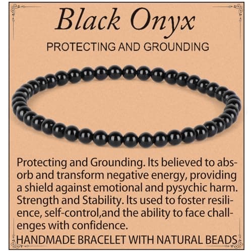 QOGIR Black Onyx Bracelet - Protecting Bracelet for Women Men - Handmade Natural Gem Stone Beaded Stretch Elastic Healing Bracelets 4mm - Image 1