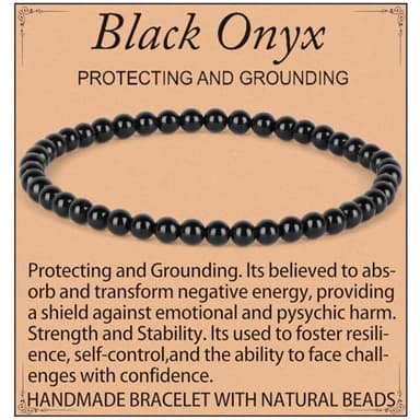 QOGIR Black Onyx Bracelet - Protecting Bracelet for Women Men - Handmade Natural Gem Stone Beaded Stretch Elastic Healing Bracelets 4mm - Image 1