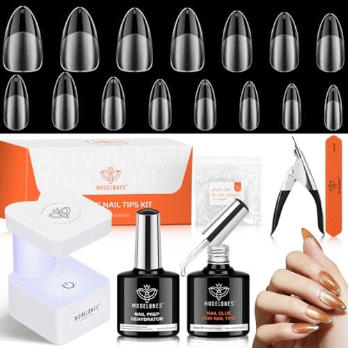 modelones Gel Nail Kit Almond, Upgrade 15Sizes Fake Nails, 9-in-One Glue Dehydrator & Mini U V Light Clipper, 510Pcs Medium Almond Press on Tips for Extension DIY Salon Home Gift - Image 1