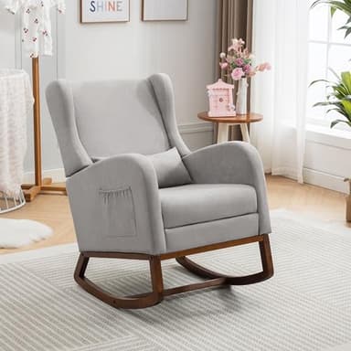 AYEASY Rocking Chair Nursery Glider Chair with Foot Rest, Nursery Rocking Chairs with Rubber Wood Legs Side Pocket, High Back Nursing Chair, Accent Rocker Arm Chair Baby Bedroom, Living Room, Grey - Image 4