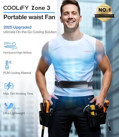 TORRAS 2025 Top Portable Waist Fan COOLiFY Zone 3, Ultra-Light Personal Wearable Belt Fan, 26ft/s Strongest Wind for Full Body Cooling【No.1 Cooling Area & Cool Tech】 Rechargeable for Outdoor/Jobsite - Image 2