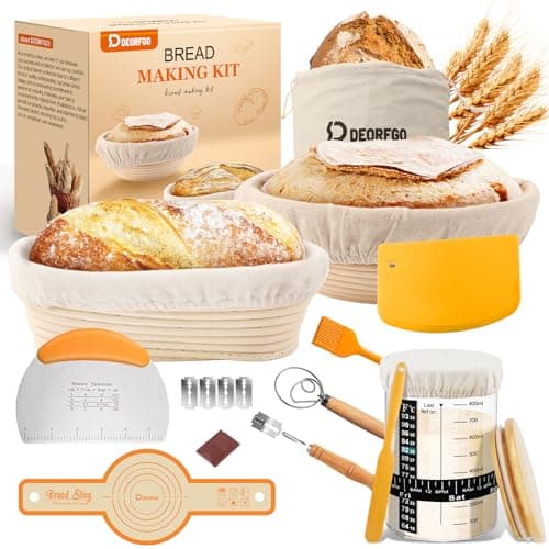 Sourdough Bread Baking Supplies Tools,10 Inch Oval & 9 Inch Round Banneton Bread Proofing Basket Set,Sourdough Starter Kit Gift for Bread Making (white with Starter Jar) - Image 1