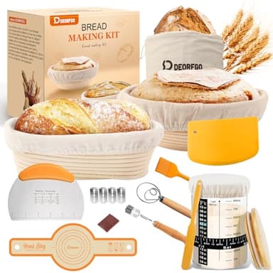 Sourdough Bread Baking Supplies Tools,10 Inch Oval & 9 Inch Round Banneton Bread Proofing Basket Set,Sourdough Starter Kit Gift for Bread Making (white with Starter Jar) - Image 1