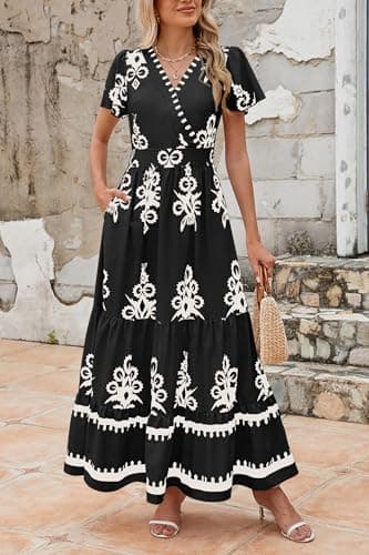 PRETTYGARDEN Womens 2025 Summer Casual V Neck Boho Maxi Dress Flowy Aline Bell Sleeve Tiered Floral Dresses with Pocket (Floral Black White,X-Large) - Image 3