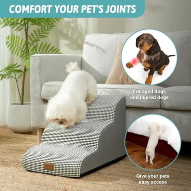 COZY KISS Dog Stairs for Small Dogs 15.7" H, Curved Dog Step for Puppy, Older Cat, Medium Pet Ramp for Sofa, Couch or Chair, Ladder with High Density Foam, 15.7x22.4x15.7 inch, 3 Step, White Black - Image 3