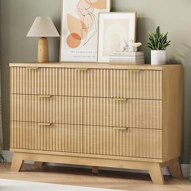 Fluted Dresser for Bedroom with 7 Drawers, 48" Wide Modern Chest of Drawers with Metal Handle, Wood Dresser TV Stand, Wooden Closet Clothes Storage Organizer for Living Room, Hallway, Natural Oak - Image 4