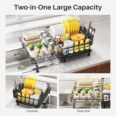 SNTD Dish Drying Rack - Extendable Dish Rack, Large Sink Drying Dish Drainer for Kitchen Counter, Stainless Steel Dish Strainer with Utensil Holder (Black - Image 3