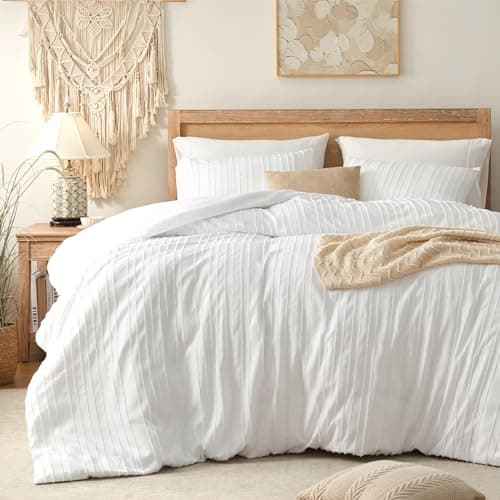 BESTSWEETIE White Duvet Cover King Size - Striped Tufted King Duvet Cover Set with Zipper Closure, 3pcs Soft Microfiber Boho Bedding Set for All Seasons (King, 104"x90") - Image 1