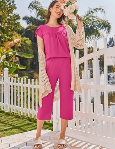 Ekouaer Capri Cotton Pajama Sets Short Sleeve Pleated Top and Pants 2 Piece Pjs Sleepwear with Pockets for Women Rose Red L - Image 4