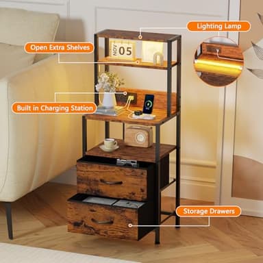 Furnulem Night Stand, Tall Nightstand with 4-Tier Shelves, 2 Fabric Drawers and Light Tube, Bed Side Tables with Charging Station, Bedside Table for Bedroom, Office, Rustic Brown - Image 4