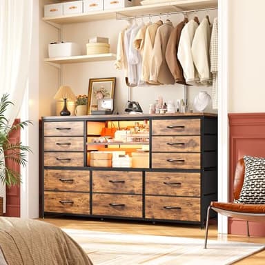 EnHomee Dresser with LED Lights & Power Outlets, 12 Drawers Dresser TV Stand for 60''TV Stand for Bedroom Fabric Dressers & Chest of Drawers, Sturdy Metal Frame, Living Room,Hallway, Rustic Brown - Image 2