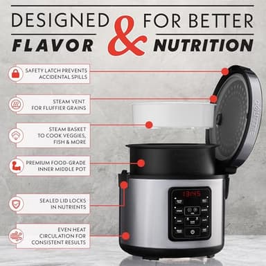 Gourmia Rice Cooker – 5 Qt Capacity, 20 Cup Cooked, 10 Cup Uncooked, Digital Controls, 6 Cooking Presets, Grain Cooker & Steamer, Nonstick Pot, Steam Tray, Delay Timer, Keep Warm, Stainless Steel - Image 4