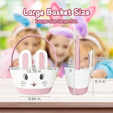 Allaugh Easter Baskets for Kids Girls: Pink Cotton Woven Bunny Large Easter Basket - Empty Baby Easter Basket with Double Rope Handle - Durable Easter Gift Basket For Heavy Weight - Image 6