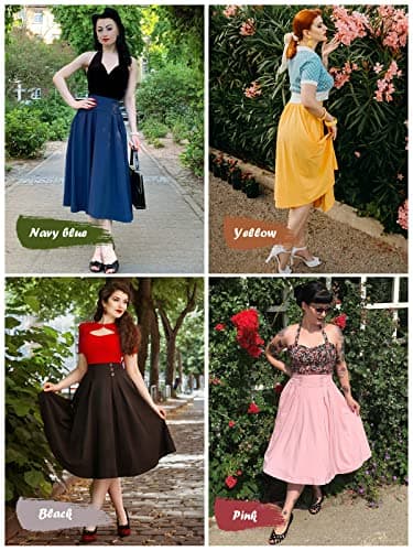 Belle Poque Womens Elastic Waist Black A-line Skirt with Pocket,Medium - Image 3