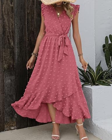 BTFBM Women V Neck Summer Dress 2025 Cap Sleeve Swiss Dot Boho Flowy Ruffle Slit Beach Party Long Maxi Cocktail Dresses(Pink, Medium) - Image 4