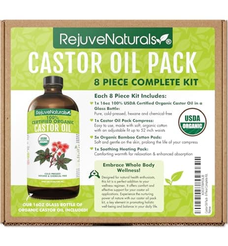 Castor Oil Pack - 8 Piece Complete Kit. Includes 16oz Glass Bottle of Organic Castor Oil, Easy to use Organic Cotton Compress with Adjustable Fit, 5 Soft Cotton Pads & Soothing Heat Pack.. - Image 1