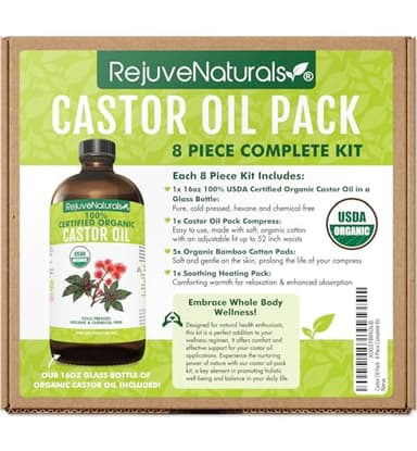 Castor Oil Pack - 8 Piece Complete Kit. Includes 16oz Glass Bottle of Organic Castor Oil, Easy to use Organic Cotton Compress with Adjustable Fit, 5 Soft Cotton Pads & Soothing Heat Pack.. - Image 1