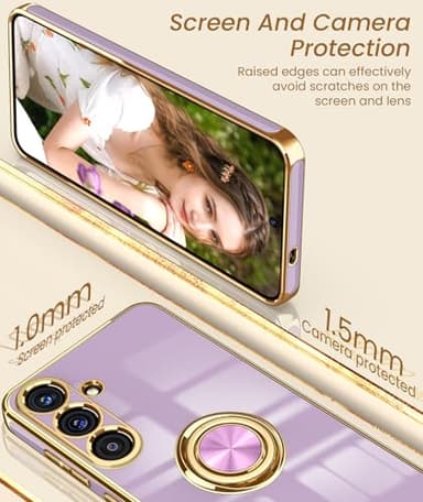 Dretal for Samsung Galaxy 25 Plus 5G Case, Screen Protector, 360° Rotatable Ring Holder Magnetic Kickstand,Plated Gold Edge Slim Soft TPU Protective Phone Case Cover for Galaxy 25+ (Purple) - Image 3