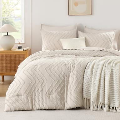 Andency King Size Comforter Set Beige, Boho Cream Soft Warm Tufted Neutral Bedding Comforter Sets for King Size Bed, 3 Pieces Aesthetic Chevron Farmhouse Cute Bohemian Textured Bedding Set - Image 2