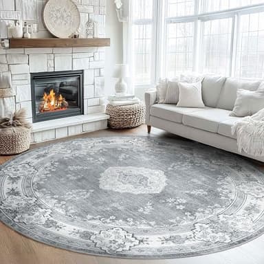 MUJOO Grey Round Rug 9ft,Large Circle Washable Area Rugs for Bedroom Living Room Bathroom,Boho Non Slip Circular Carpet,Floral - Image 2