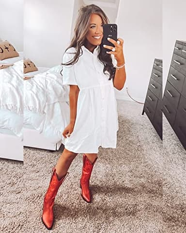 LookbookStore Women's Short Sleeve Babydoll Dress with Lapel Collar Button Down Dress Loose Fit Denim Dress for Women Casual Brilliant White Size S - Image 2