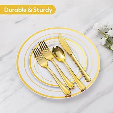 Goodluck 600 Pieces Gold Disposable Plates for 100 Guests, Plastic Plates for Party, Dinnerware Set of 100 Dinner and 100 Dessert Plates, 100 Spoons, 100 Forks, 100 Knives, 100 Cups - Image 5