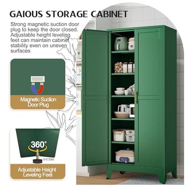 GAIOUS 75.2" Tall Kitchen Food Pantry, Pantry Cabinet with 2 Door and 5 Adjustable Shelves, Green Laundry Room Cabinets, Freestanding Pantry for Kitchen, Study Room, Dining Room and Entryway - Image 5