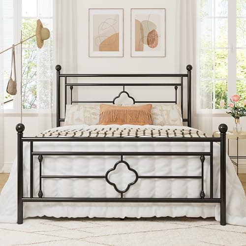 Allewie Queen Size Metal Platform Bed Frame with Victorian Vintage Headboard and Footboard/Mattress Foundation/Under Bed Storage/No Box Spring Needed/Noise-Free/Easy Assembly, Black - Image 1