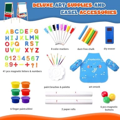 Kids Easel Including 100+ Accessories, Double Sided Wooden Easel for Kids - Magnetic Chalkboard & Painting Board & 2 Paper Rolls, Art Easel Supplies for Toddlers 3-8 Height Adjustable - Image 3