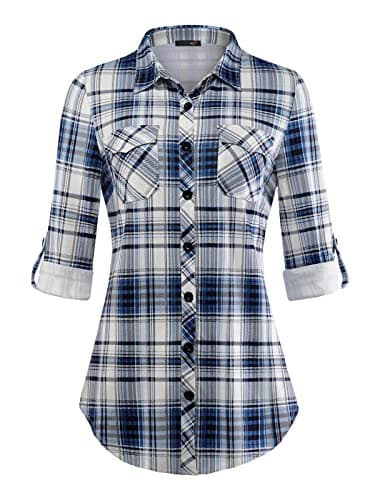 DJT Womens Soft Stretchy Upgrade Thicken Fabric Knit Shirt Button Down Shirts Roll Up Long Sleeve Tops Medium Blue Plaid - Image 1