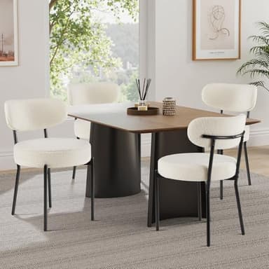 Sweetcrispy Dining Chairs Set of 4, Boucle Upholstered Modern Mid Century Round Kitchen Chairs with Curved Backrest & Metal Legs for Vanity, Living Room - Beige - Image 1