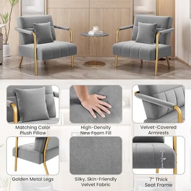 Yaheetech 30" W Modern Sofa Small Sofa Luxurious Velvet Fabric Couch with Gold-Tone Metal Arms and Legs for Living Room, Home Office, Studio Light Gray - Image 5